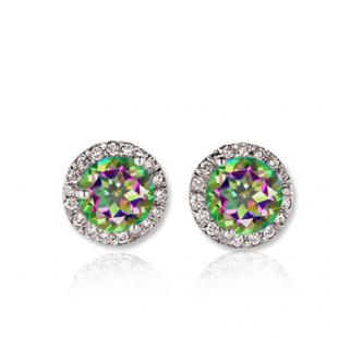 1.00 Carat (ctw) 14K White Gold Round Rainbow Topaz & White Diamond Ladies Halo Style Stud Earrings 1 CT